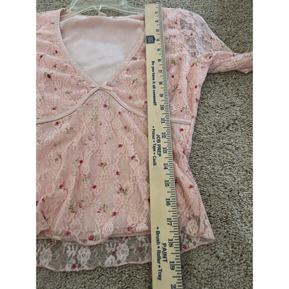 Thirty Thirty Pink Floral Rose Lace Top Mesh Sleeve Bow Detail Coquette Size S - Picture 8 of 11